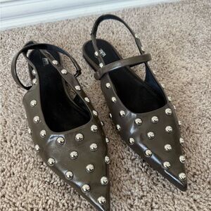 Zara Metallic Studded Slingback Flats - Black and Brown